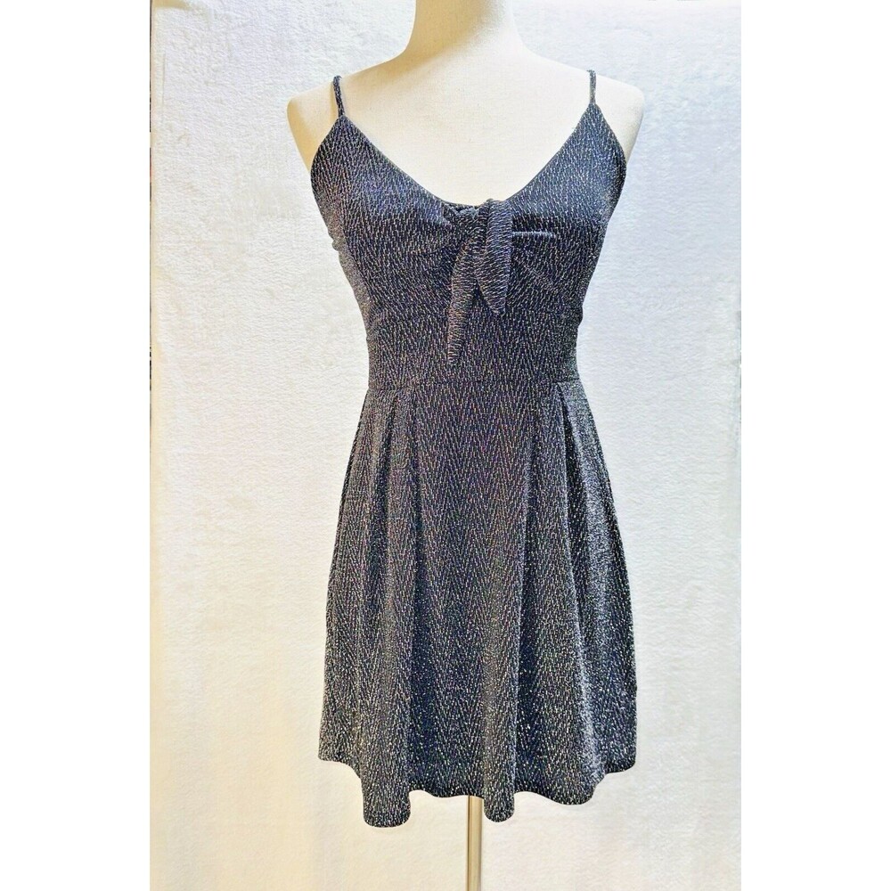 Papaya Mini Dress Womens Small Black Silver Sparkly Tie Front Party Disco‎ Glam